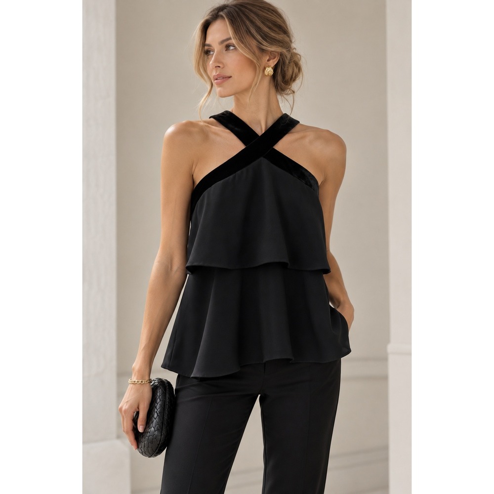 Ann Taylor Halter Top Women 6 Black Velvet Trim Tiered Ruffle Blouse Romantic
